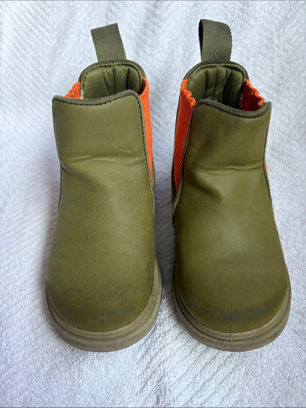 Native Shoes Kids Olive Green Boots with Bright Orange Elastic